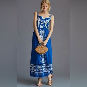 Sz L Farm Rio Navy Macaw embroidered maxi dress